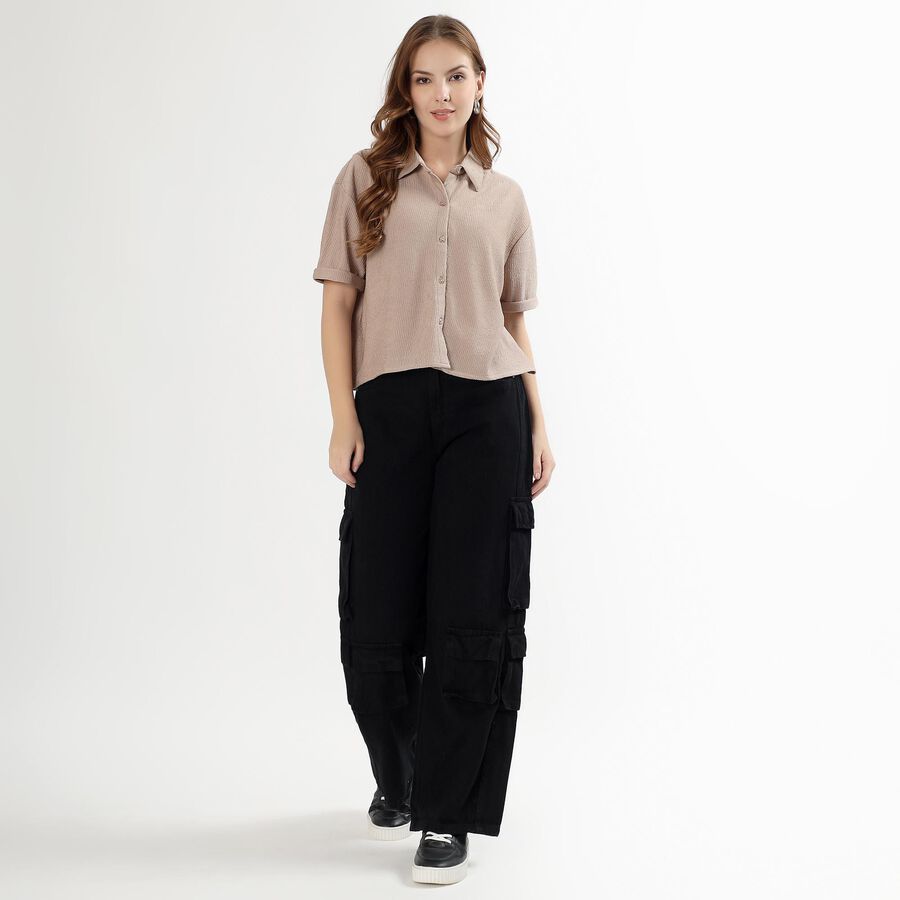 Women's Jet Black Wide Leg Cargo Jeans, काला, large image number null