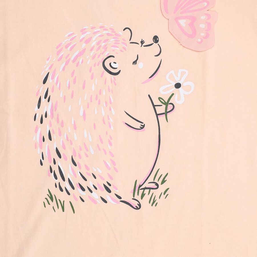 Girls Light Peach Cotton Round Neck Ruffle Sleeve Graphic T-Shirt, हल्का गुलाबी, large image number null