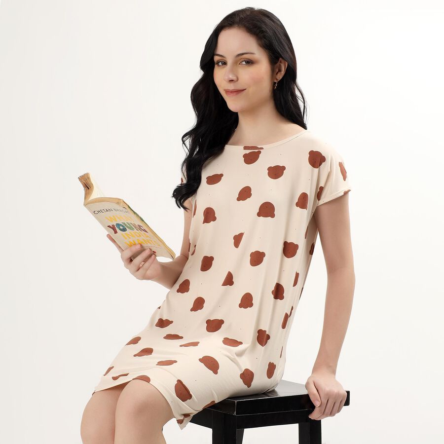 Women's Light Beige Round Neck Casual Nighty, Beige, large image number null