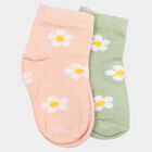 Girls' Regular Fit Floral Pack of 2 Socks ( Pink, Green ), हल्का गुलाबी, small