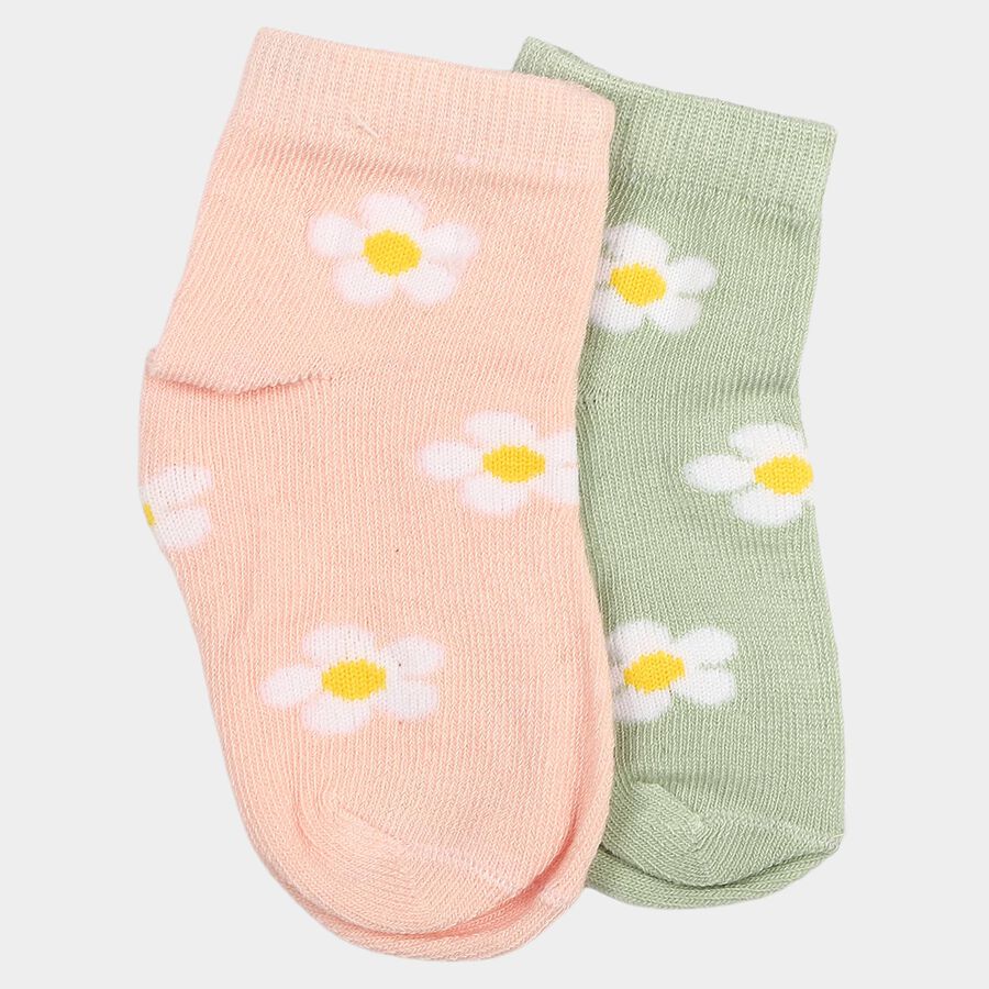 Girls' Regular Fit Floral Pack of 2 Socks ( Pink, Green ), हल्का गुलाबी, large