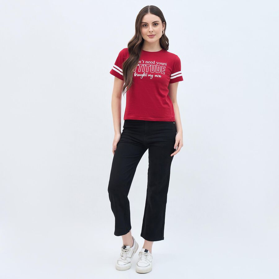 Women's Bright Cherry Red Cotton Round Neck Casual T-Shirt, Red, large