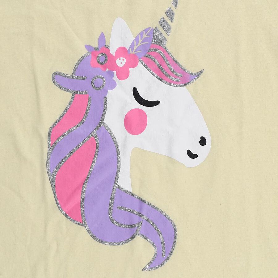 Girls' Yellow Cotton Round Neck Unicorn Printed T-Shirt, पीला, large