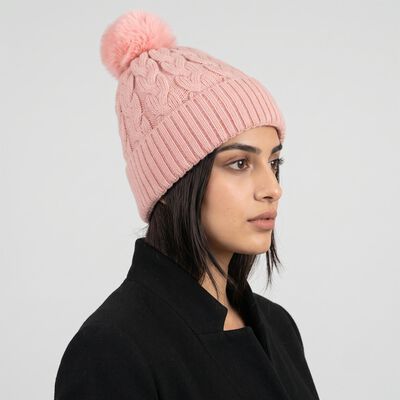 Women's Pink Cable Knit Pom-Pom Beanie Cap