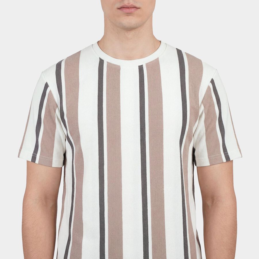 Men's Beige Round Neck Casual T-Shirt, Beige, large