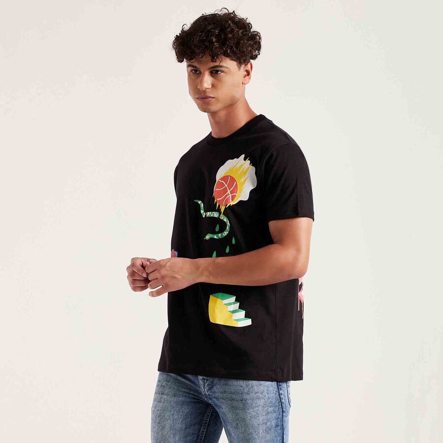 Cotton Round Neck T-Shirt, Black, large image number null