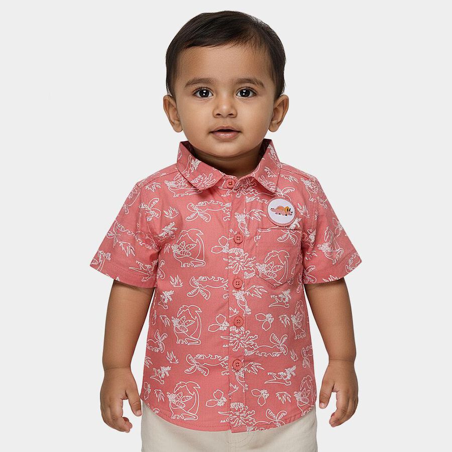 Infants Coral Cotton Half Sleeve Mandarin Casual Shirt, Coral, large