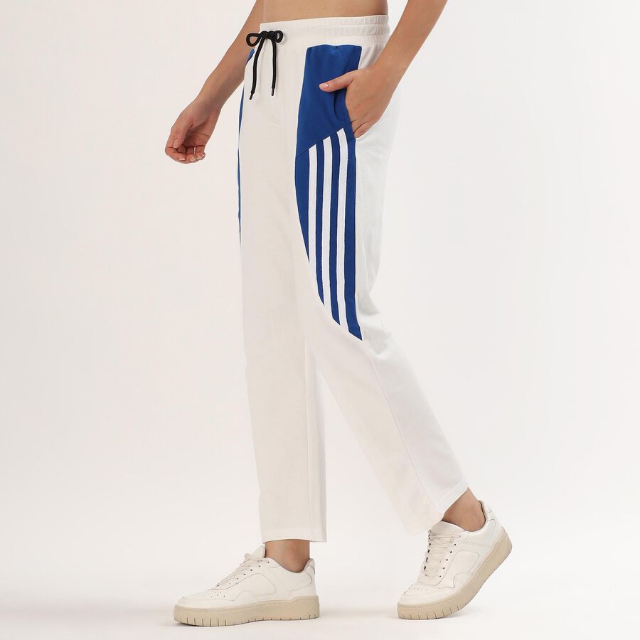 Women's Bright White and Royal Blue Straight Fit Striped Track Pants, सफ़ेद, large image number null