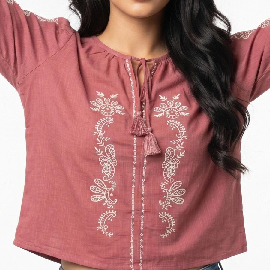 Women's Pink Round Neck Embroidered Crop Top, गुलाबी, large