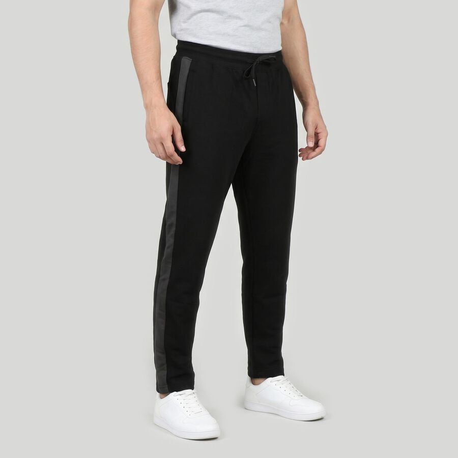 Men's Black Tapered Fit Side-Striped Track Pants, काला, large