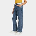 Girls Mid Blue Straight Fit Embroidered Jeans, Mid Blue, small