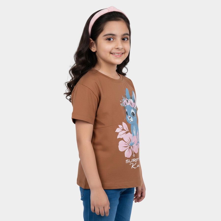 Girls Brown Cotton Casual T-Shirt, भूरा, large