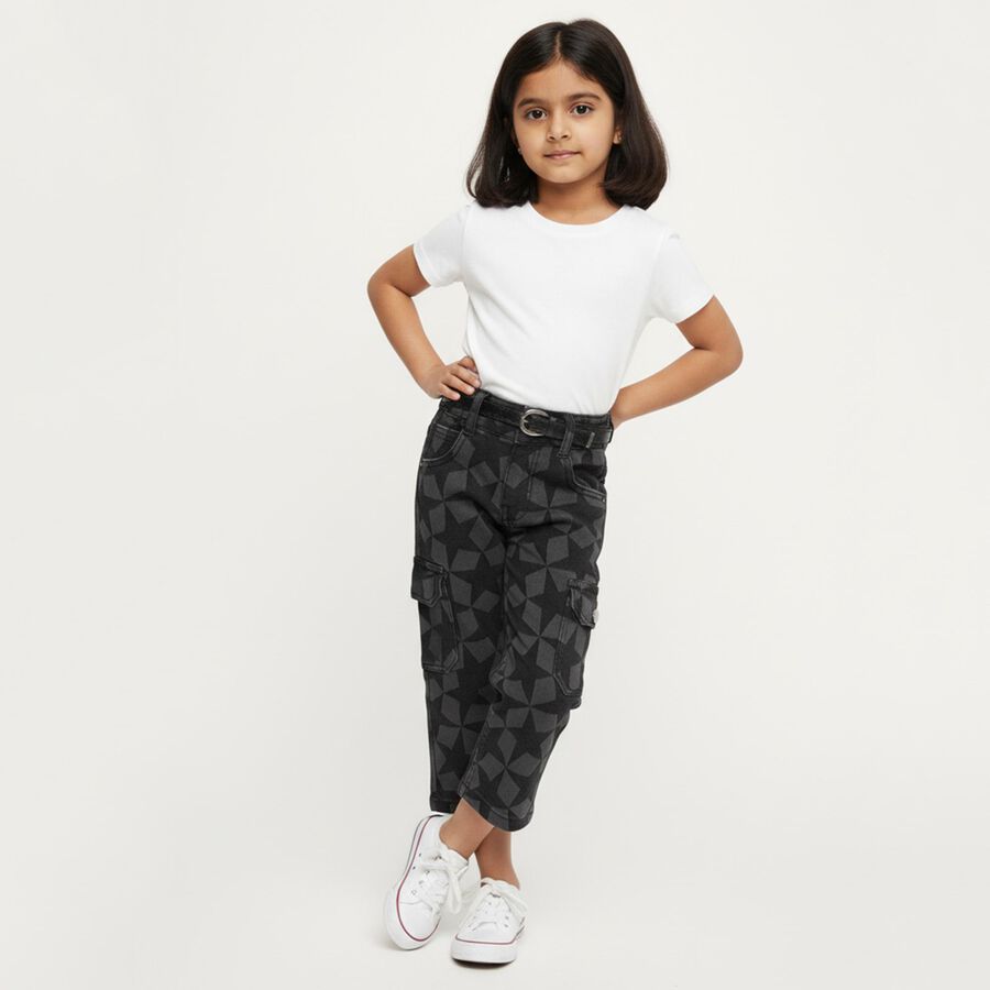 Girls' Dark Charcoal Black Cargo Fit Geometric Print Jeans, Black, large image number null