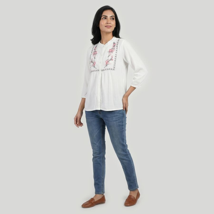 Women's White Embroidered Mandarin Collar Regular Fit Shirt, सफ़ेद, large