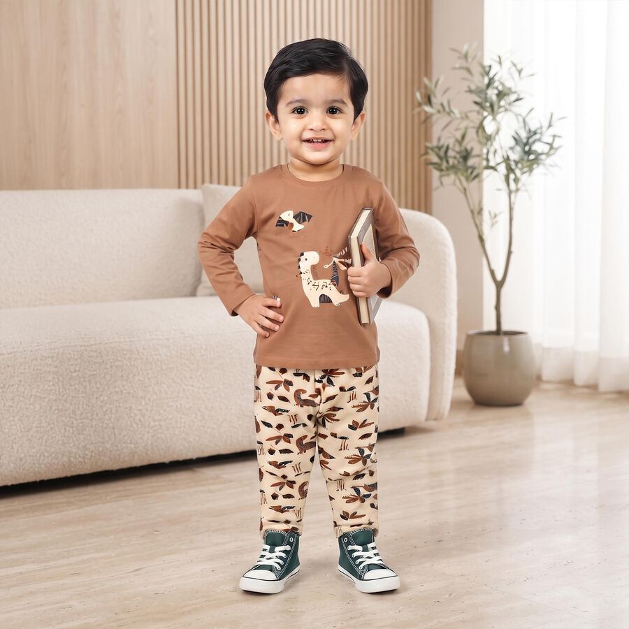 Infants' Beige 100% Cotton Round Neck Graphic Print Baba Suit, Beige, large