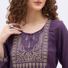 Women's Deep Plum Purple Round Neck Embroidered Kurta, वाइन, small image number null