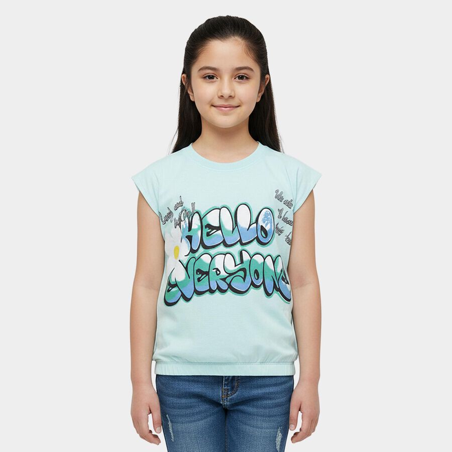 Girls' Light Blue Cotton Round Neck Graphic Print T-Shirt, Light Blue, large
