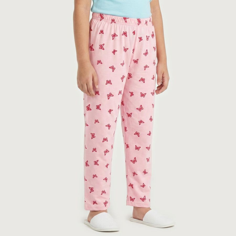 Girls Pink Straight Fit Butterfly Printed Cotton Blend Pyjama, गुलाबी, large