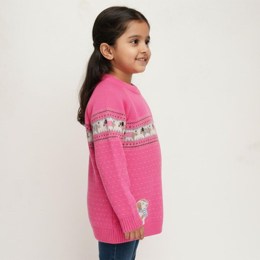 Girls Bright Pink Crew Neck Casual Pullover, Pink, large image number null