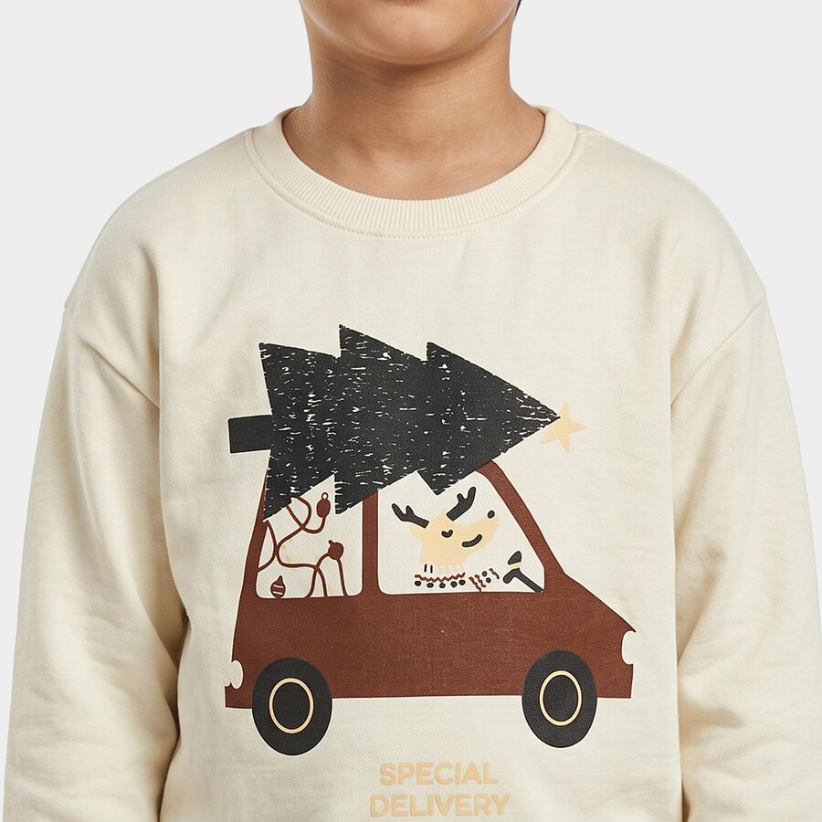 Boys Off White Round Neck Pullover Sweatshirt, ऑफ व्हाइट, large