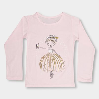Girls' Light Pink Cotton Round Neck Casual Top