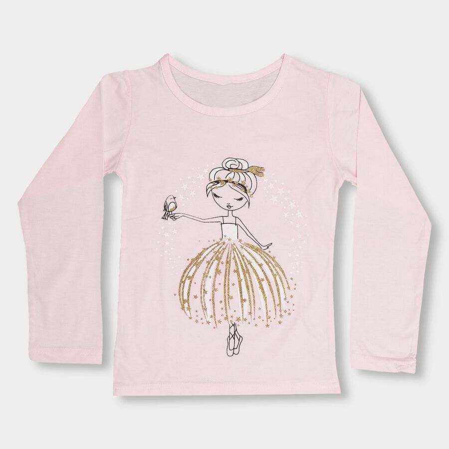Girls' Light Pink Cotton Round Neck Casual Top, हल्का गुलाबी, large image number null