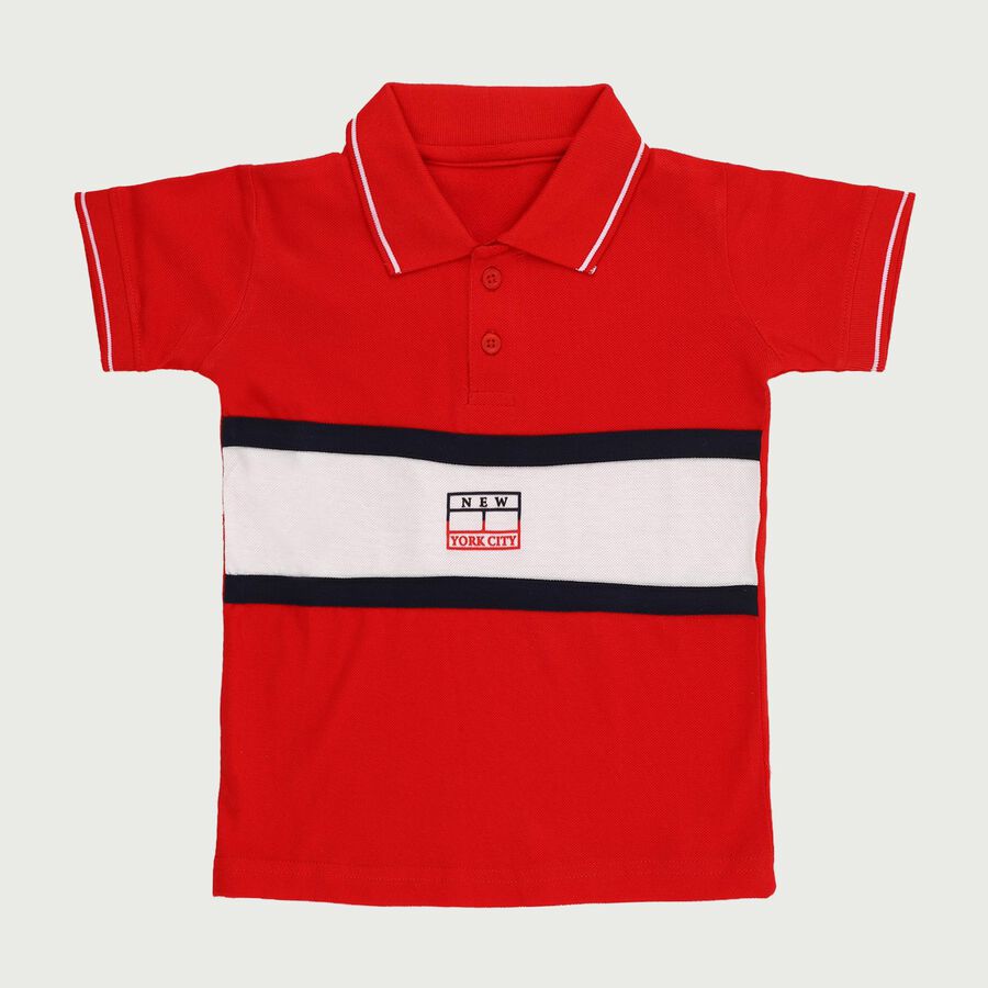 Boys Bright Cherry Red Cotton Polo Neck Casual T-Shirt, लाल, large image number null