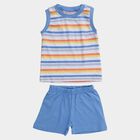 Infants' Blue 100% Cotton Round Neck Striped Baba Suit, Mid Blue, small