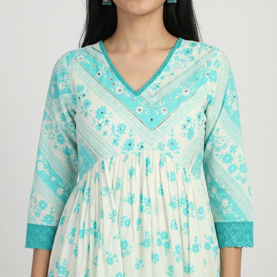 Women's Light Blue V-Neck Floral Printed Kurta, Light Blue, large
