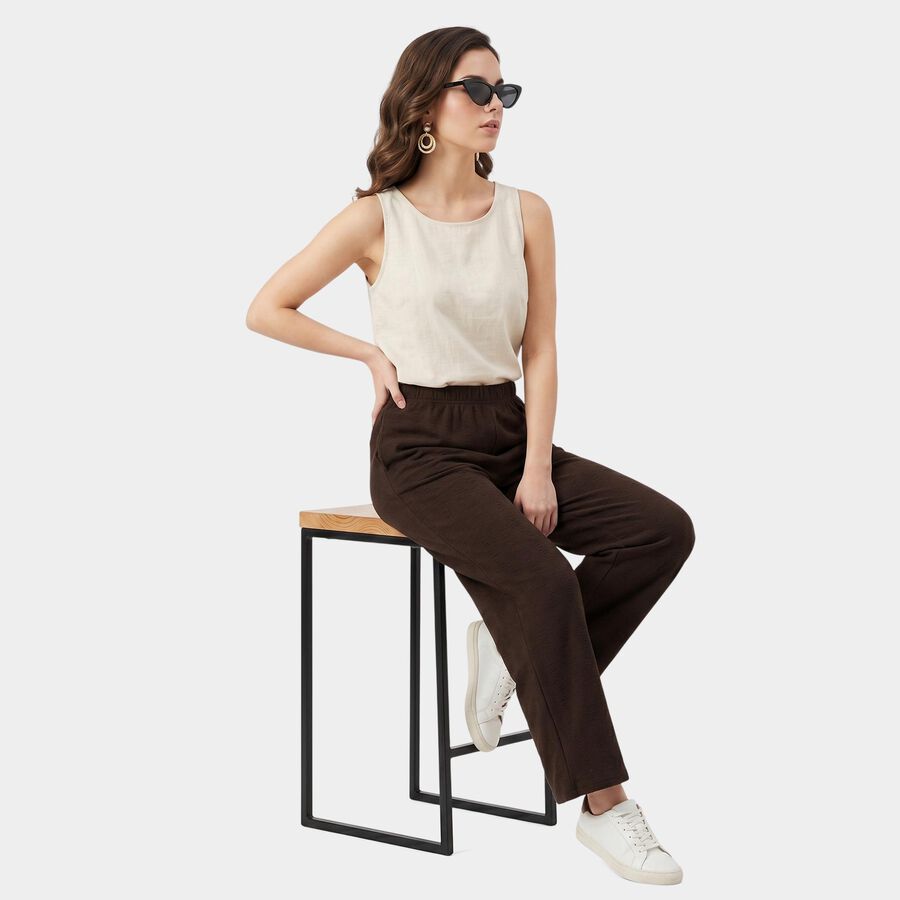 Ladies Brown Relaxed Fit Elastic Waist Harem Pants, Brown, large