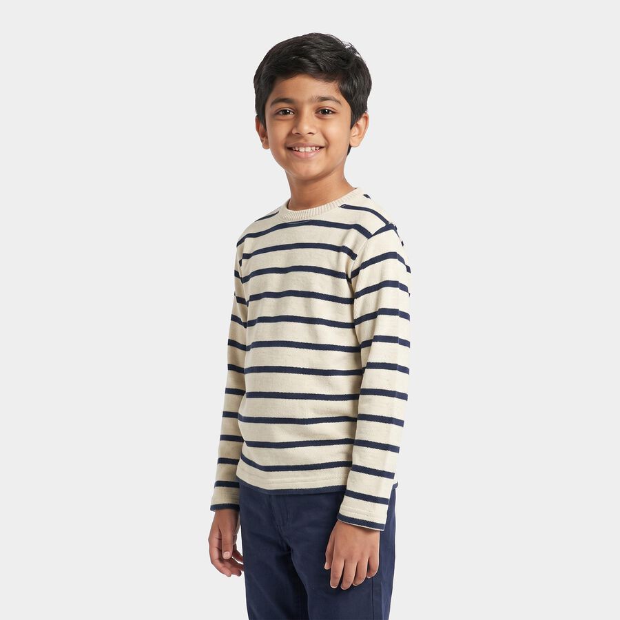Boys' Cream Crew Neck Striped Pullover, Off White, large