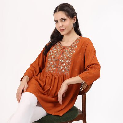 Women's Rust Orange Round Neck Embroidered Kurti