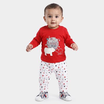 Infants' Red 100% Cotton Round Neck Graphic Print Baba Suit