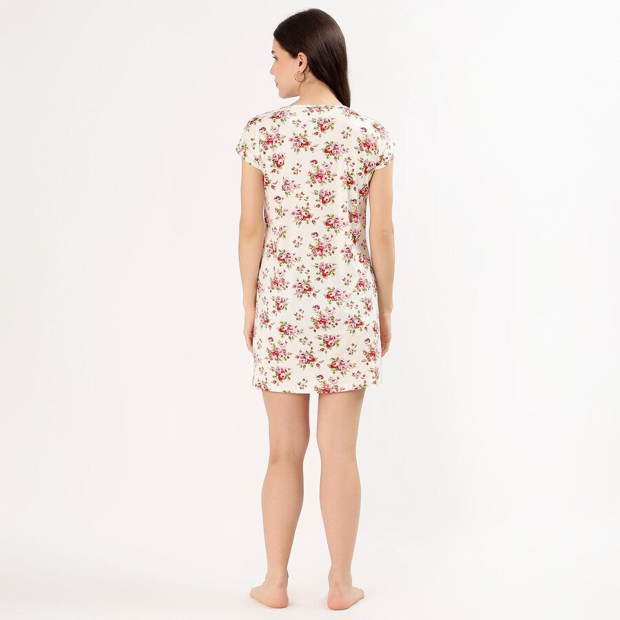 Women's Cream Round Neck Casual Nighty, Off White, large