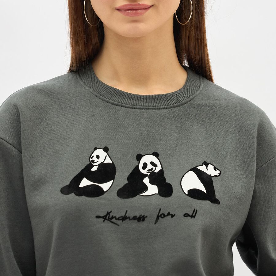 Women's Dark Green Crew Neck Casual Sweatshirt, गहरा हरा, large image number null