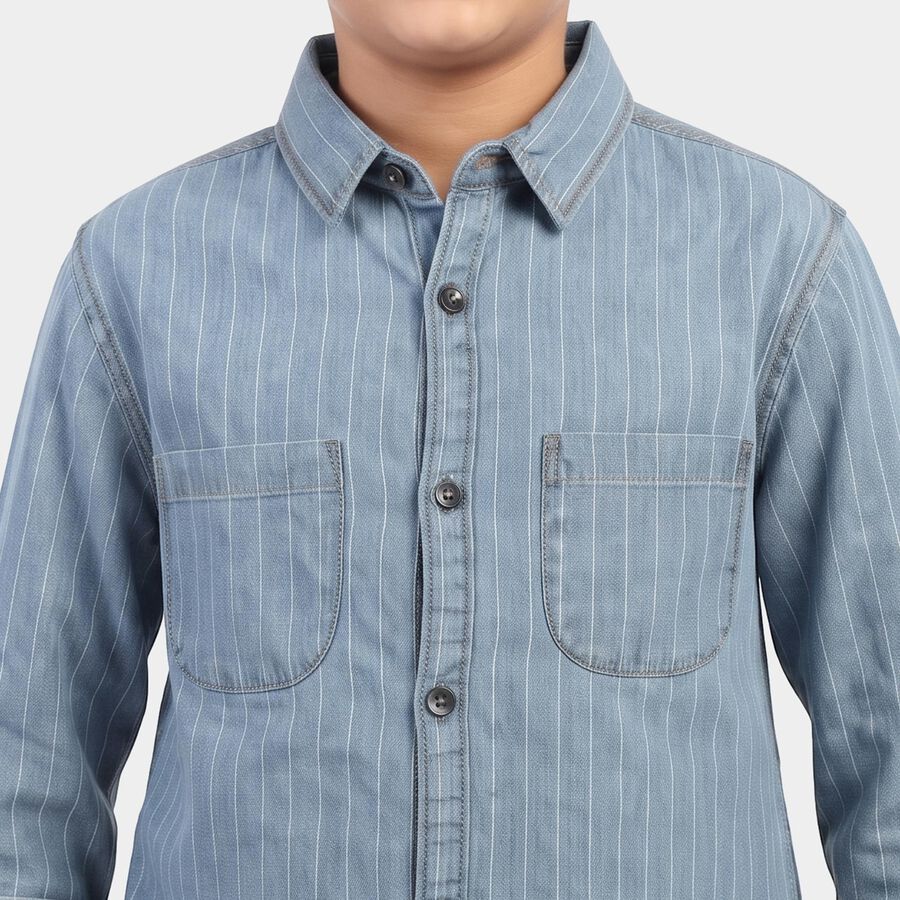 Boys' Blue Cotton Long Sleeve Collared Shirt, Mid Blue, large