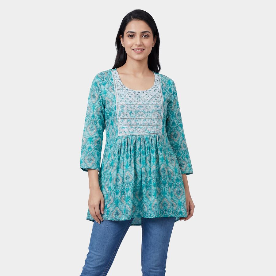 Women's Blue Round Neck Printed Kurti, Light Blue, large