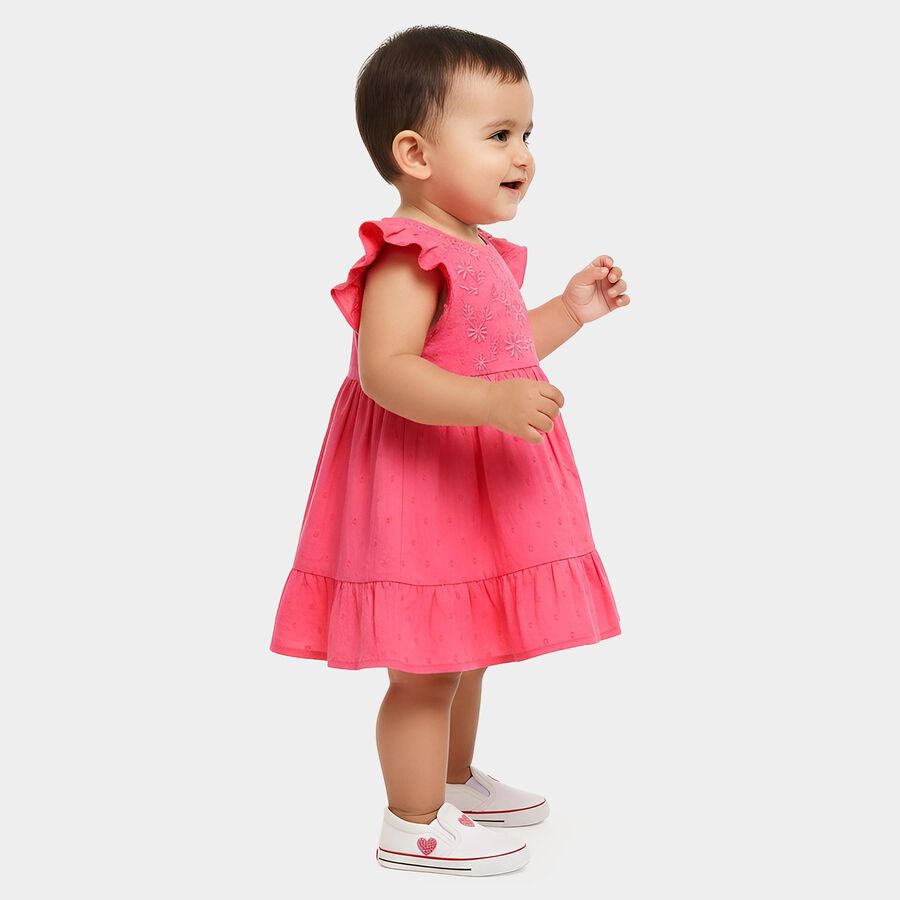 Infants' Pink Regular Fit Embroidered Flutter Sleeve Frock, गुलाबी, large