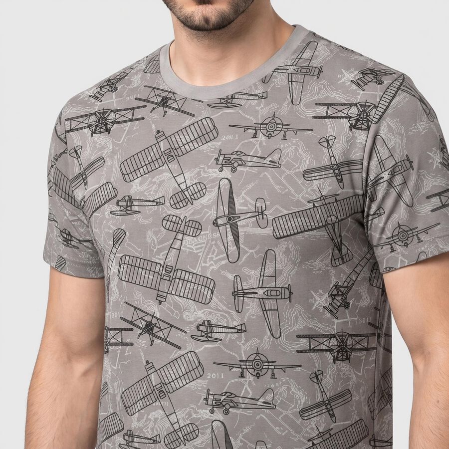 Men's Grey Round Neck Graphic Print Regular T-Shirt, हल्का ग्रे, large