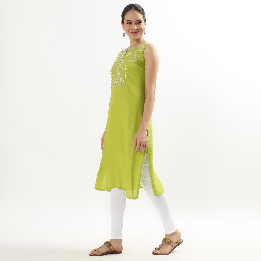 Women's Bright Lime Green Notch Neck Embroidered Kurta, हल्का हरा, large image number null