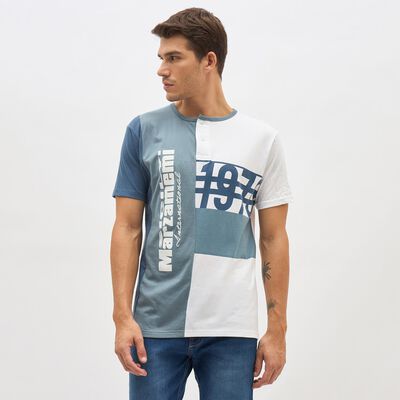 Men's Light Blue Henley Neck Printed T-Shirt