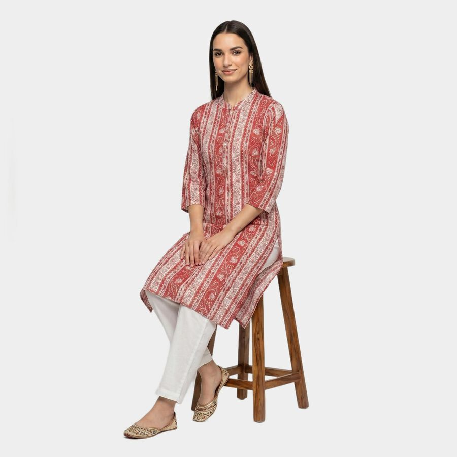 Women's Pink Band Collar Printed Straight Kurta, गुलाबी, large