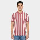 Men's Pink Polo Neck Striped T-Shirt, गुलाबी, small