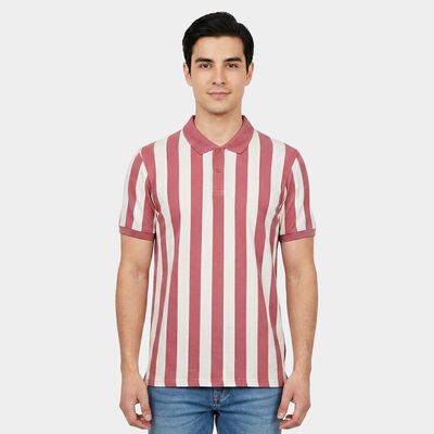 Men's Pink Polo Neck Striped T-Shirt