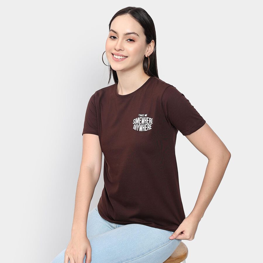 Ladies' Round Neck T-Shirt , भूरा, large