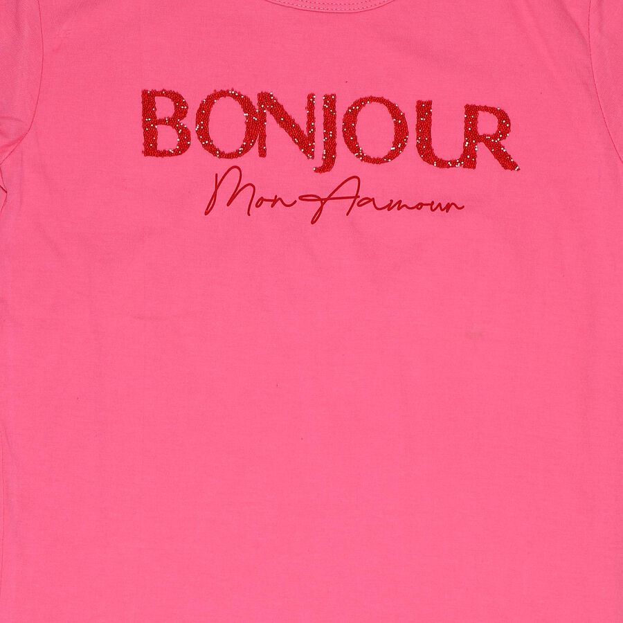 Girls Pink Cotton Round Neck Casual T-Shirt, Pink, large