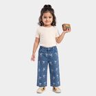 Girls' Mid Blue Straight Fit Bow Printed Jeans, मध्यम नीला, small