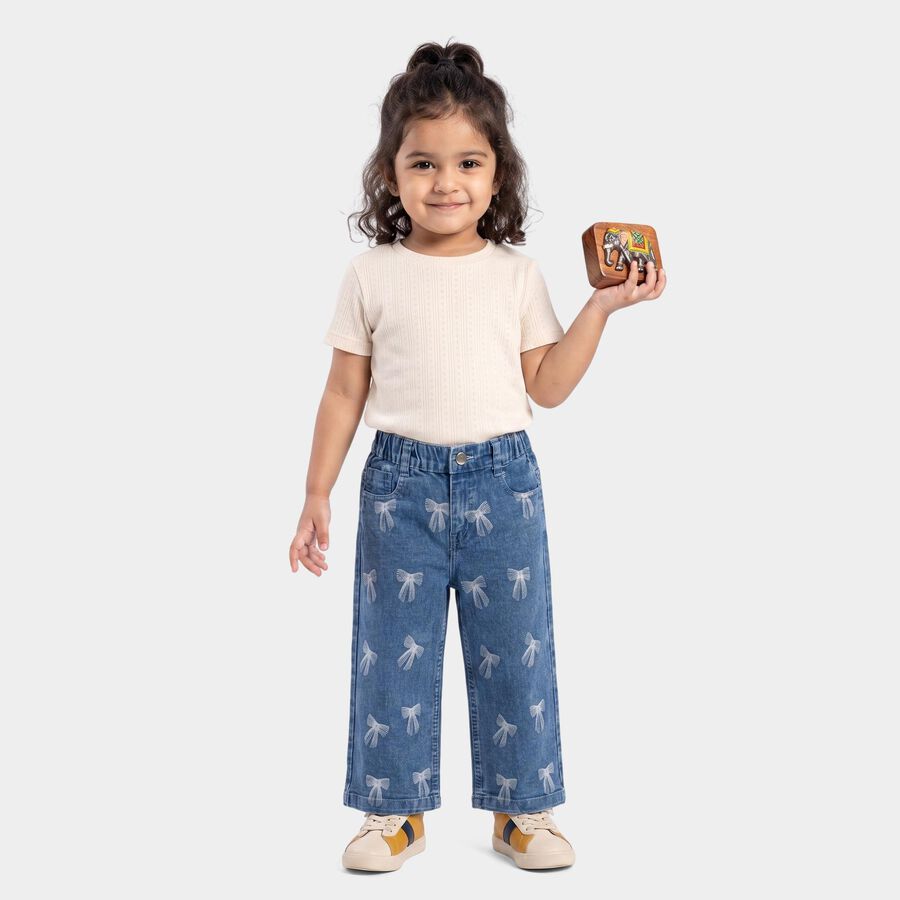 Girls' Mid Blue Straight Fit Bow Printed Jeans, मध्यम नीला, large