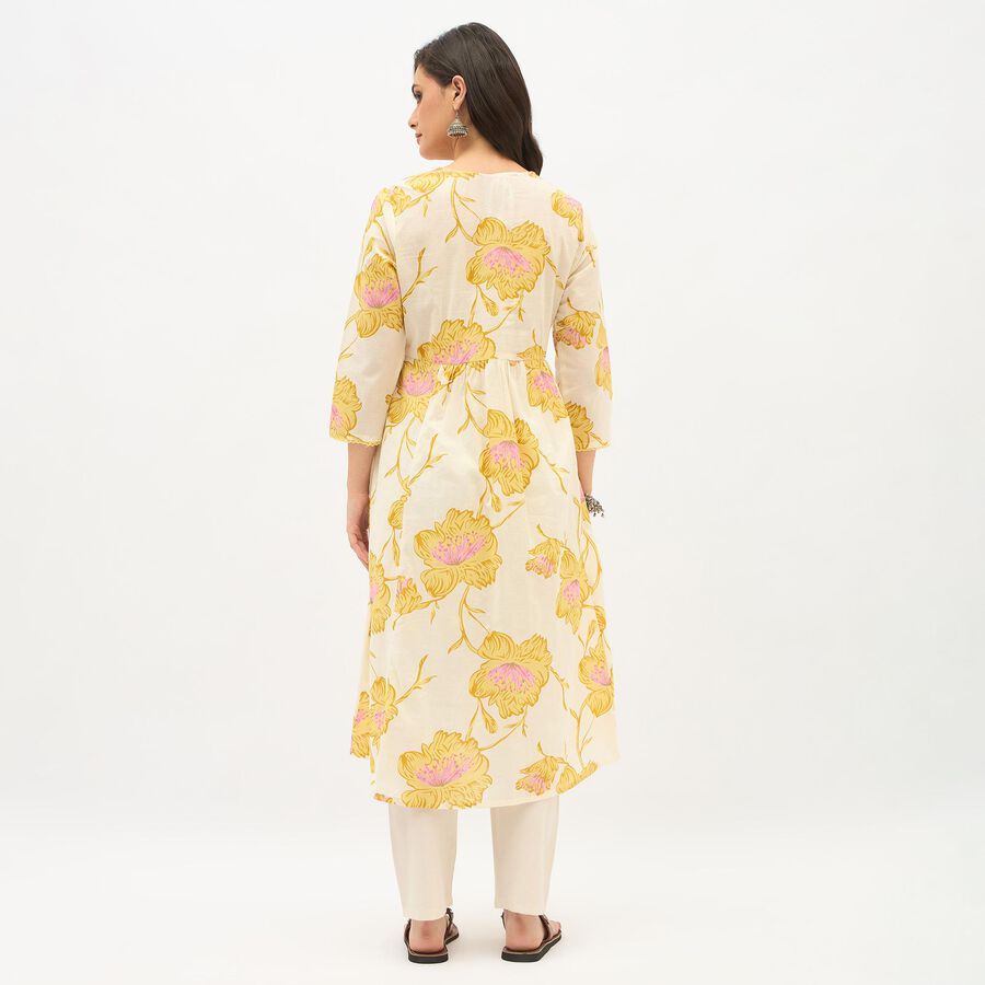 Women's Light Cream Round Neck Embroidered Floral Kurti, पीला, large image number null