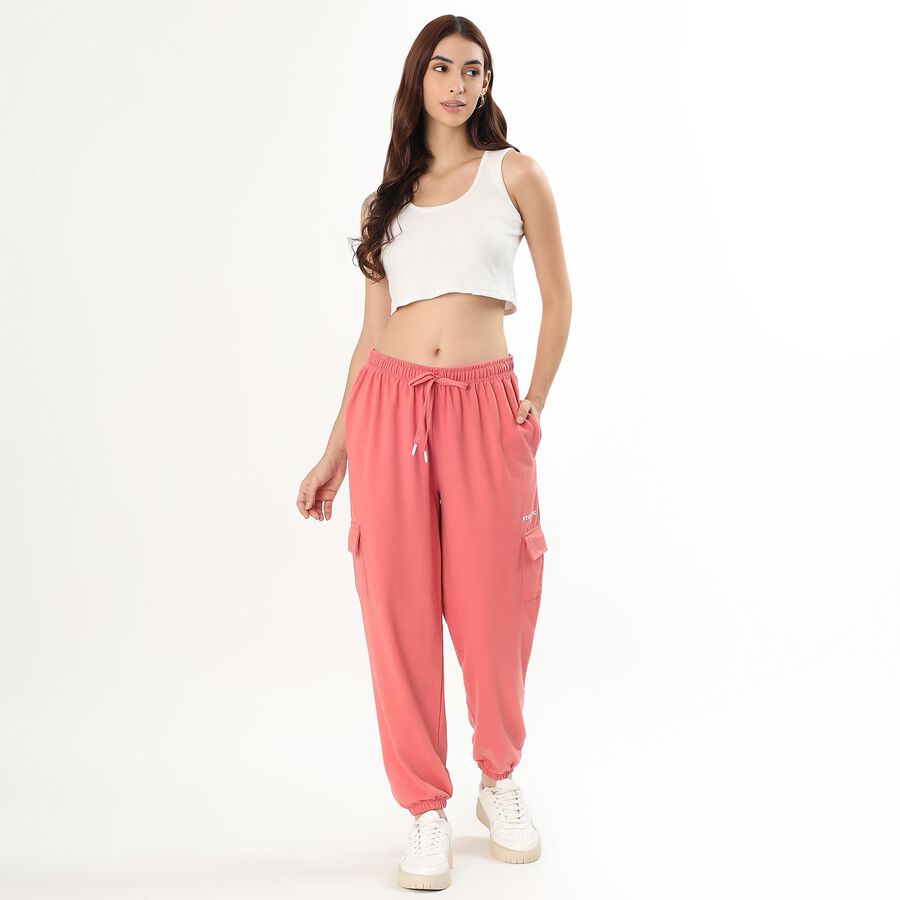 Women's Coral Pink Relaxed Fit Cargo Track Pants, Coral, large image number null